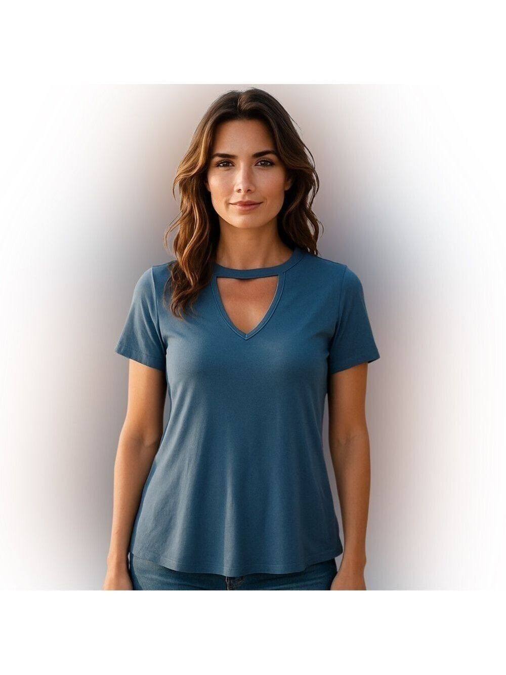 Kim & Cami blouse swing a-line rib fabric keyhole front back denim blue size L